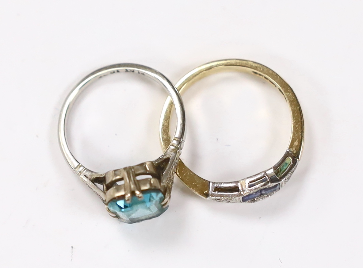 An Art Deco 18ct, plat and blue zircon set ring, with diamond chip set shoulders, size L, together with a modern Art Deco style 9ct gold, sapphire and diamond set ring, gross weight 6.7 gram.